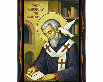 Icona di San Gregorio il Dialogista - Arte bizantina - Immagine sacra su placca di legno fatta a mano