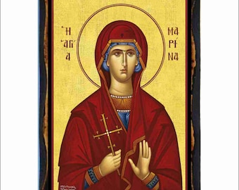 Saint Marina Icon - Byzantine Art - Orthodox Holy Card on Handmade Wood Plaque