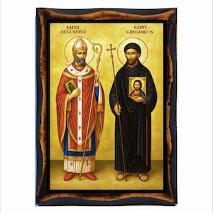 Op de afbeelding: Een religieus icoon in een lijst met de heiligen Augustinus en Gregorius tegen een gouden achtergrond. Sint Augustinus draagt rode en witte gewaden, met een boek en staf. Sint Gregorius draagt zwarte gewaden, met een portret.