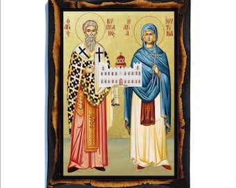 Saints Cyprian and Justina - Byzantine Art - Orthodox Catholic Holy Card on Handmade Wood Plaque