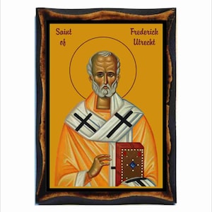 Saint Frederick of Utrecht Icon: Byzantine Art - Catholic Holy Card on Handmade Wood Plaque