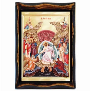 The Resurrection of Jesus Greek Orthodox Russian Mount Athos Byzantine Christian Catholic Icon on Wood