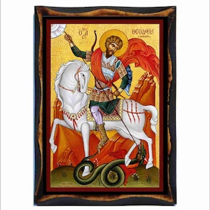 May include: Icon of a saint on horseback, framed in a dark wood. The saint, with a halo, is depicted slaying a serpent with a spear. The background is gold with text in Greek. The horse is white, and the saint wears armor and a red cloak.