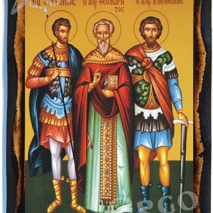 Saints Eutropius, Kleonikos,Theodoret of Cyrus Greek Orthodox Russian Mount Athos Byzantine Christian Catholic Icon on Wood image 1