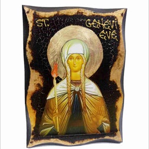 Saint Genevieve patron of Paris - Genoveffa di Parigi - Santa Genoveffa Handmade Wood Icon on plaque with physical aging and Golden Leaf 24K
