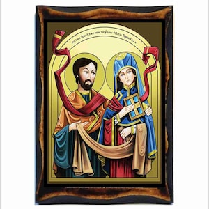 Könnte beinhalten: Eine religiöse Ikone, die den Heiligen Paulus und die Heilige Thekla darstellt. Die Ikone ist in traditionellem Stil mit leuchtenden Farben gemalt. Der Hintergrund ist goldfarben mit einem Heiligenschein um jeden Heiligen. Die Ikone ist in einem dunklen Holzrahmen gerahmt.