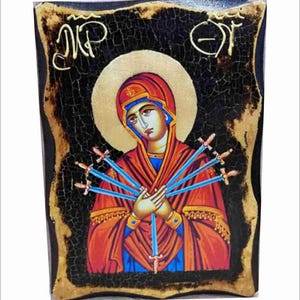Our Lady of Sorrows - Maria Addolorata - Mater dolorosa - Maica Îndurerată Handmade Wood Icon on plaque physical aging and Golden Leaf 24K