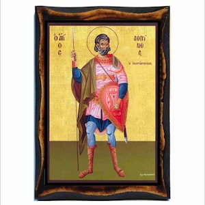 Longinus - byzantinische Kunst - katholische Heilige Karte auf handgefertigter Holzplakette