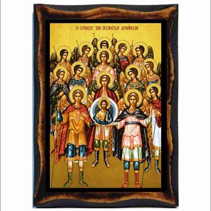 May include: A rectangular religious icon featuring a group of angels with halos surrounding a central figure of Christ. The artwork is set against a gold background with Greek text at the top, framed by a dark, textured wooden border.