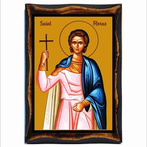 Può includere: Un'icona religiosa che raffigura San Floro, un martire cristiano. L'icona è dipinta in uno stile tradizionale con colori vivaci su un pannello di legno. San Floro è raffigurato mentre tiene una croce e indossa una veste blu e bianca. L'icona è incorniciata in una cornice di legno scuro.