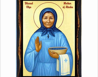 Icono de Olga de Alaska - Arte bizantino - Estampa ortodoxa en placa de madera hecha a mano