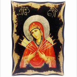 Our Lady of 7 Sorrows - Mother of Sorrows - Our Lady of  Dolours  Handmade Wood Icon on plaque with physical aging and Golden Leaf 24K