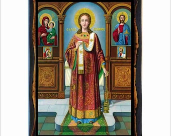 Sint-Stefanus - Byzantijnse kunst - orthodox-katholieke heilige kaart op handgemaakte houten plaquette