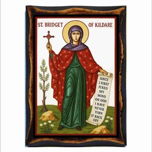 Brigid of Kildare Icon - Byzantine Art - Catholic Holy Card on Handmade Wood Plaque