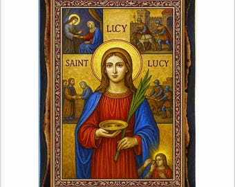 Saint Lucy Icon - Byzantine Art  - Catholic Holy Card on Handmade Wood Plaque
