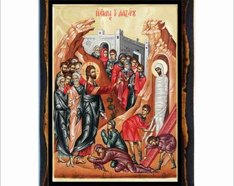 Lazarus Saturday Icon - Byzantine Art - Orthodox Catholic Holy Card on Handmade Wood Plaque