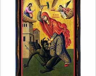 Santa Marina de Antioquía - Arte bizantino - Estampa religiosa en placa de madera hecha a mano