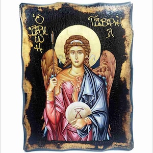 Archangel Gabriel - Angel of Revelation -San Gabriele -Erzengel Gabriel Handmade Wood Icon on plaque with physical aging and Golden Leaf 24K