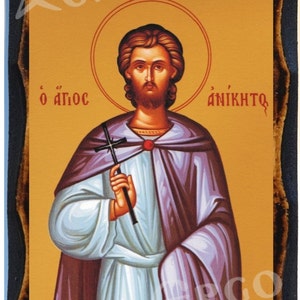 Saint Anicetus Greek Orthodox Byzantine Christian Icon on Wood