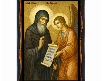 Izaäk de Syriër - Byzantijnse kunst - orthodox-katholieke heilige kaart op handgemaakte houten plaquette