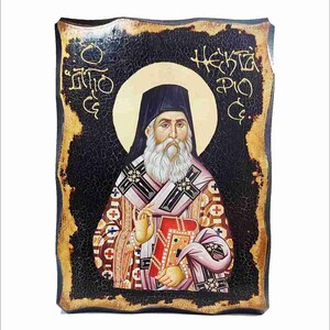 Nectarios of Aegina - Nectarios di Egina - Nectarie de Egine -Nectarie din Eghina Handmade Wood Icon with physical aging and Golden Leaf 24K