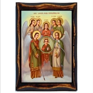 May include: A religious icon depicting a central figure surrounded by angels. The icon is painted in a traditional style with vibrant colors and gold accents. The central figure is surrounded by a halo and is holding a book. The angels are depicted with wings and are holding various objects, including a sword and a palm branch. The icon is framed in a dark wood frame.