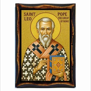 Heiliger Leo, Papst von Rom - Byzantinische Kunst - Katholische Heilige Karte auf handgefertigter Holzplakette