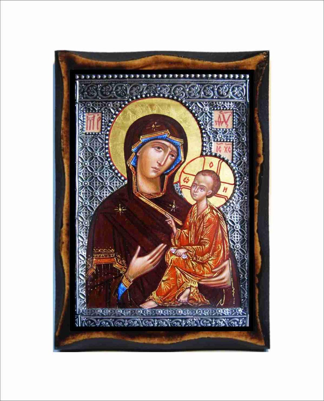 ティフヴィンの聖母イコン - ビザンチン美術 - 手作りの木製プレートに