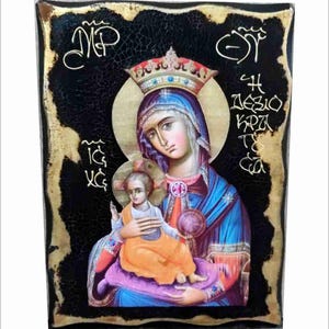 Holy Virgin Mary Dexia - Panagia Dexiokratousa - Our Lady Dexiokratousa Handmade Wood Icon on plaque with physical aging and Golden Leaf 24K