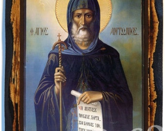 Saint Anthony  Greek Orthodox Byzantine Christian Icon on Wood