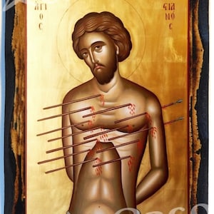 Saint Sebastian Handmade wood icon on plaque