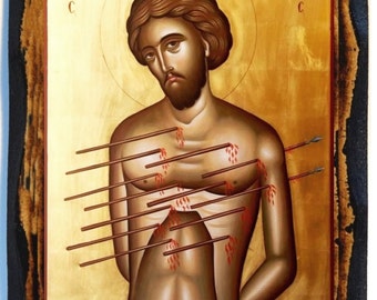 Saint Sebastian Handmade wood icon on plaque