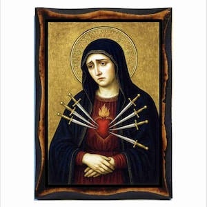 Our Lady of Sorrows Icon – Mater Dolorosa, Catholic Holy Card on Handmade Wood Plaque