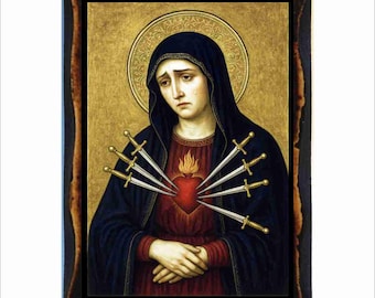 Our Lady of Sorrows Icon - Byzantine Art - Catholic Holy Card on Handmade Wood Plaque