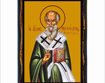 Icona di San Metodio - Arte bizantina - Immagine sacra cattolica ortodossa su targa di legno fatta a mano