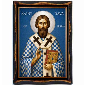 May include: A rectangular religious icon featuring Saint Sava of Serbia with a blue and white checkered robe, a white omophorion with black crosses, and a gold book. The figure has a brown beard and a silver halo, framed in a dark wood border.