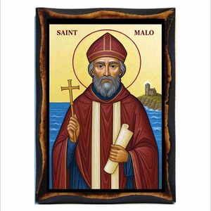 May include: A framed religious icon featuring Saint Malo. The image depicts a man with a beard, holding a cross and a scroll, wearing a red robe and hat. The background includes a halo, a coastal scene, and the text "SAINT MALO".