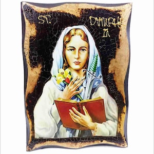 Saint Dymphna - Santa Dinfna - Dymphne de Geel - Lily of Éire - Dimpna Handmade Wood Icon on plaque with physical aging and Golden Leaf 24K