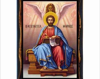 Saint Mark Byzantine Icon - Byzantine Art - Orthodox Catholic Holy Card on Handmade Wood Plaque