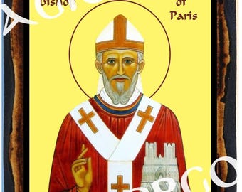 Saint Denis of Paris Bishop and Martyr  Roman Christian Catholic Wood Icon Plaque