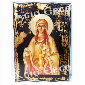Maria Magdalena - Heilige Magdalena - Maria Magdalena - Marie Madeleine - Handgemachte Holz Ikone auf Plakette mit physischer Alterung und Goldenem Blatt 24K