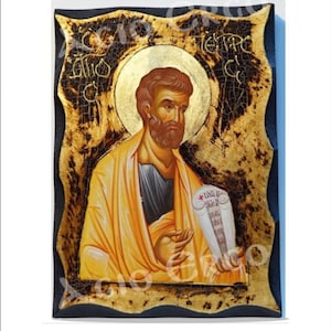 Saint Apostle Peter -Apostle Peter -Saint Peter -Saint Pierre -San Pedro Handmade Wood Icon on plaque with physical aging and GoldenLeaf 24K