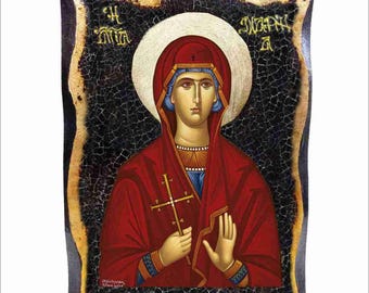 Handmade Saint Marina of Antioch Wood Icon with 24K Golden Leaf