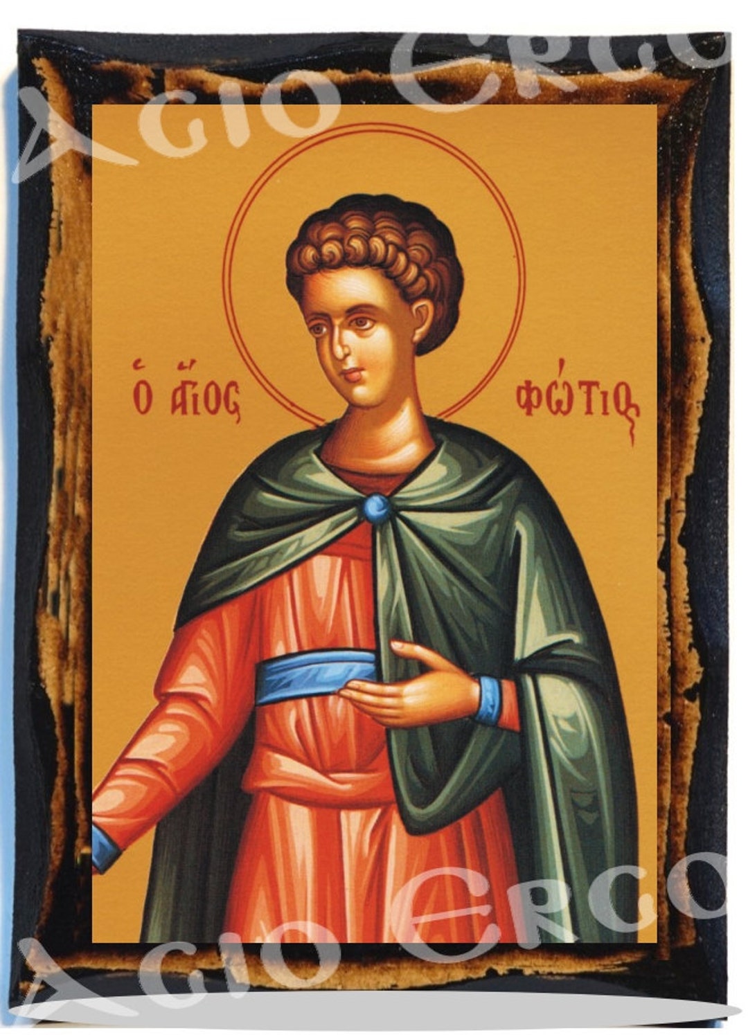 聖フォティオスのイコン - ビザンチン美術 - 手作りの木製額縁に描かれ