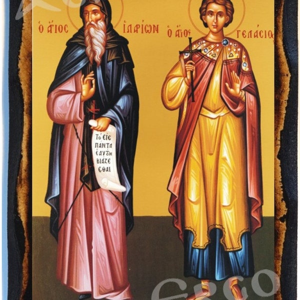 Saints Hilarion Megas en Gelasius Grieks-orthodoxe Russische berg Athos Byzantijnse christelijke katholieke icoon op hout