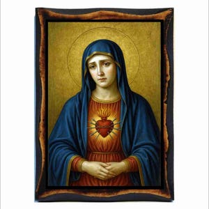 Our Lady of Sorrows Icon – Mater Dolorosa, Catholic Holy Card on Handmade Wood Plaque