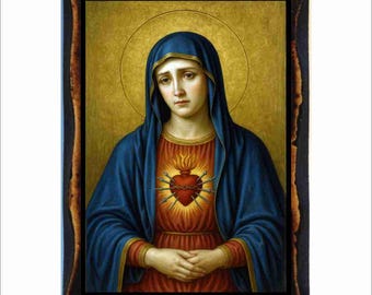 Our Lady of Sorrows Icon - Byzantine Art - Catholic Holy Card on Handmade Wood Plaque