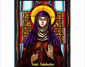 Heilige Scholastika - Byzantinische Kunst - Katholische Heilige Karte auf Handgefertigter Holzplakette