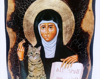 Saint Julian of Norwich Anchoress, Mystic  Handmade Wood Icon on plaque with physical aging and Golden Leaf 24K