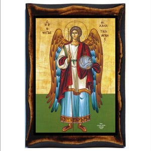 Erzengel Michael Ikone - Byzantinische Kunst - Katholische Heilige Karte auf Handgefertigter Holzplakette